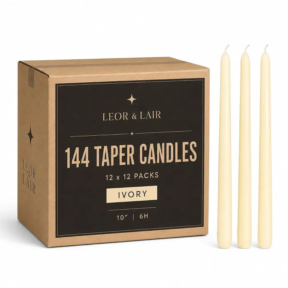 Leor & Lair Bulk Taper Candles, Case of 144, 10 Inch Unscented Candlesticks for Home Decor, Weddings, Events, Christmas, Halloween