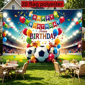 2D Flat Birthday Football Background Cloth, Multicolor 'happy Birthday' Pattern, Party Photography Backdrop, Polyester Material, Various Sizes Available