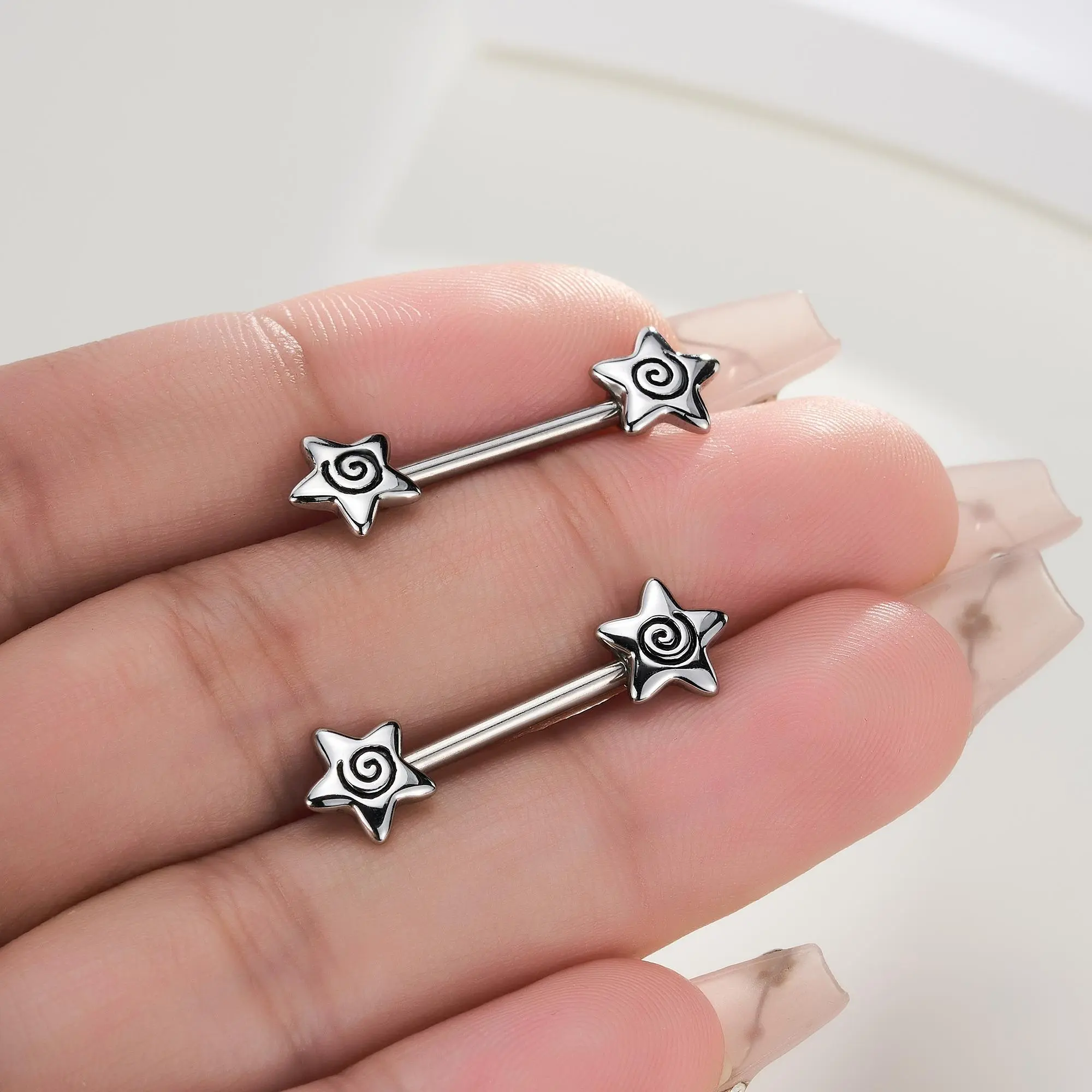 Oufer 2PCS Spiral Star Nipple Barbel Rings