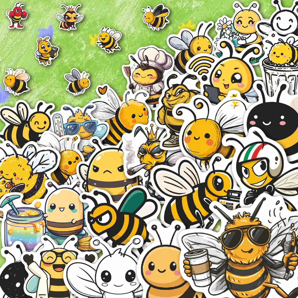 50Pcs Cute Cartoon Honey Bee Aesthetic Stickers Pack, Waterproof Kawaii Insect & Happy Bee Vinyl Decals for Laptop, Water Bottle, Journal & Scrapbook, Bee Lover Gift