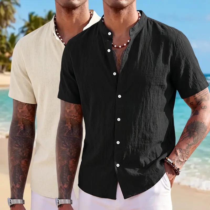Men’s 2-pack cotton-linen short-sleeve shirts, casual lightweight button-up shirts with a small stand collar, suitable for everyday outings/office work/vacation/beach/outdoor activities