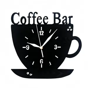 Wooden Coffee Cup Theme Coffee Bar Wall Clock, Unique Coffee Theme, Creative Simple Wood Grain Design, Home Decor for Living Room, Bedroom, Office, Kitchen