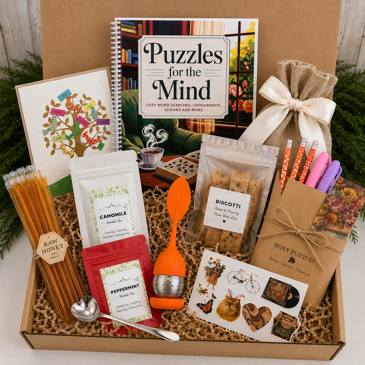Tea Lover Box for Puzzle Lovers | Large Print Brain Games Gift Box with Tea & Treats