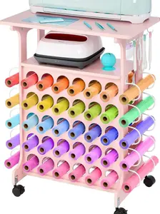 Cricut Vinyl Storage Cart 40 Vinyl Roll Holders - Pink with Tool Holders & 360° Swivel Wheels for Easy Craft Room Organization