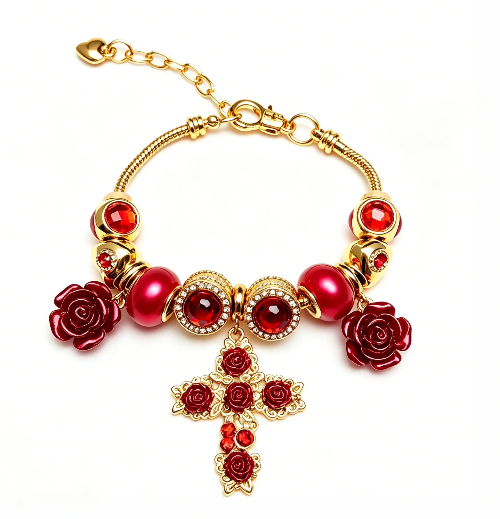 Vintage Red Rose & Cross Charm Bracelet, Gold Snake Chain with Rhinestone Pendant, Elegant Romantic Fashion Jewelry