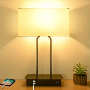 3-Way Dimmable Touch Control USB Charging Table Lamp, 2 USB Ports & AC Power Outlet, Modern Fabric Shade Metal Base Bedside Nightstand Lamp, LED Bulb Included, White for Bedroom & Living Room, Usb Charging Lamp