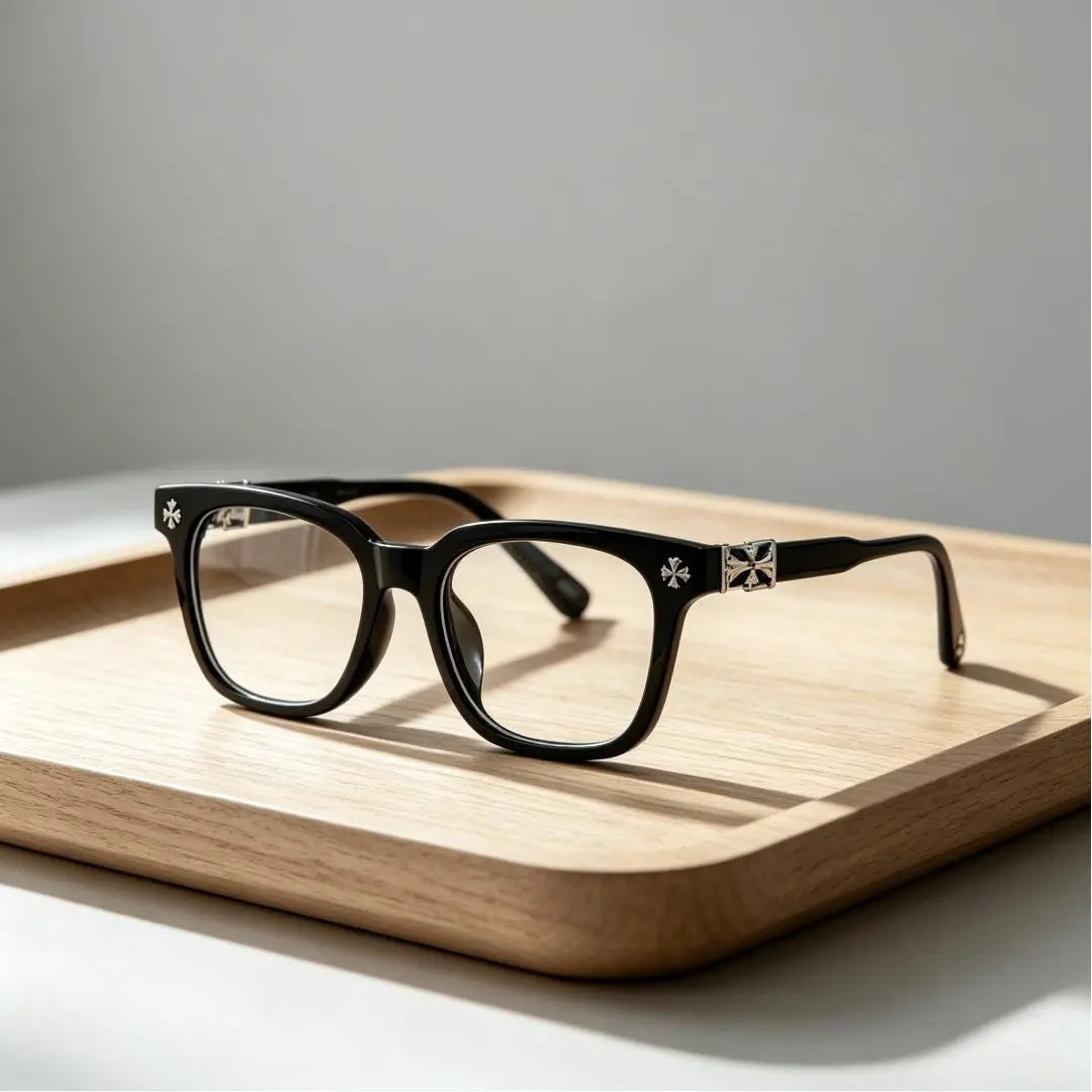 High-End Chrome Hearts Square Eyeglass Frames for Men & Women, Luxury Black Gold Cross Detail Optical Glasses