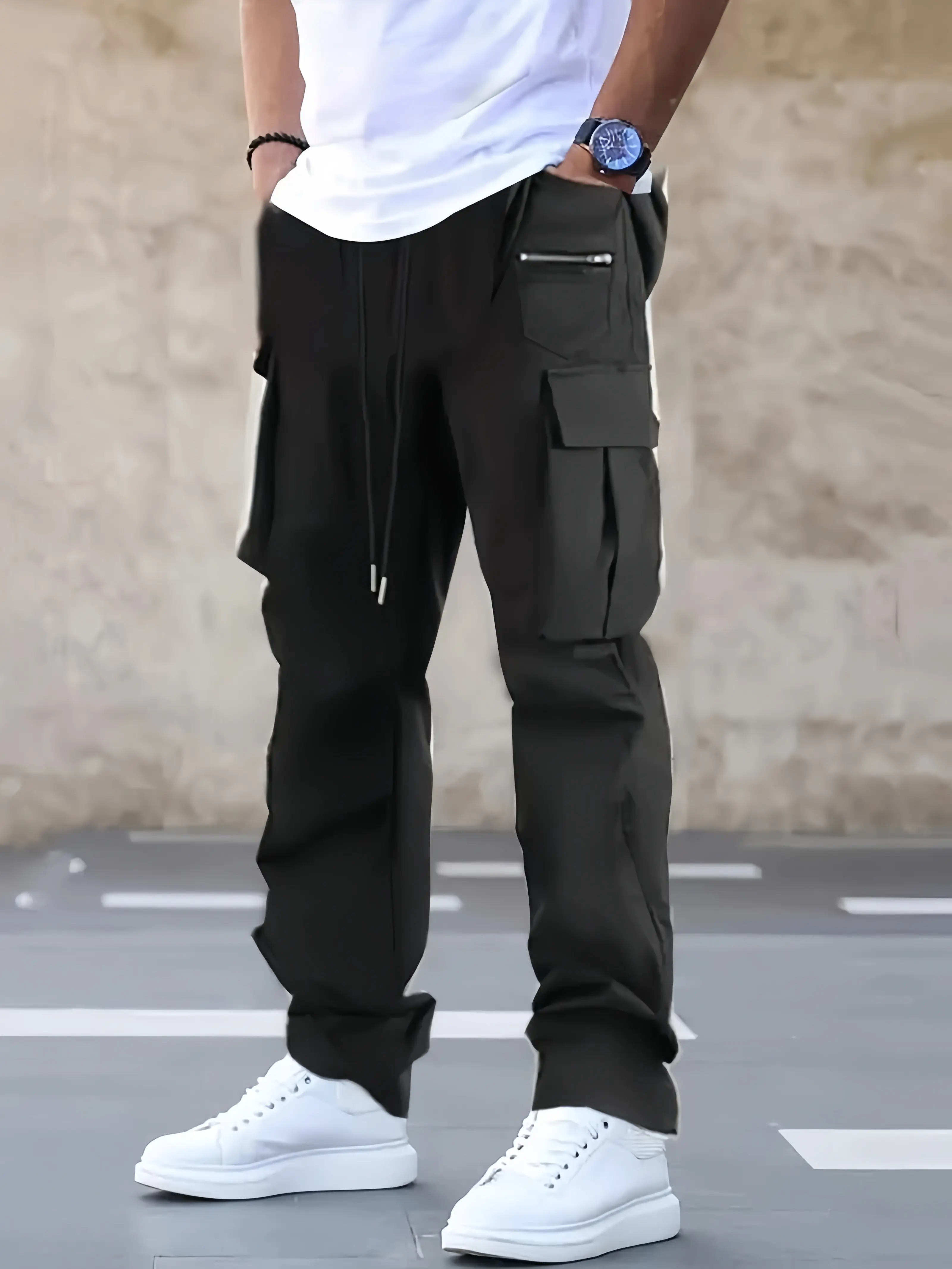 Men’s techwear cargo pants with elastic drawstring waist, zip pockets, straight leg; streetwear tactical trousers for casual everyday outdoor wear