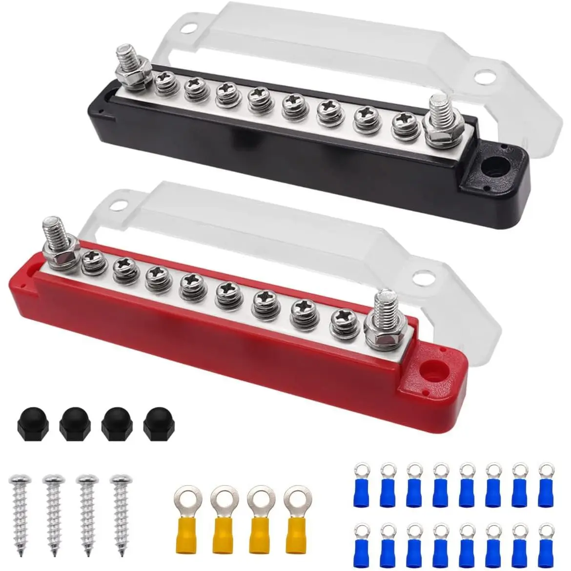 2 pcs Power Distribution Terminal Block with Cover with M6 Terminal Studs,M4 Terminal Screws,150A Battery Bus Bar for Car/Boat/Marine