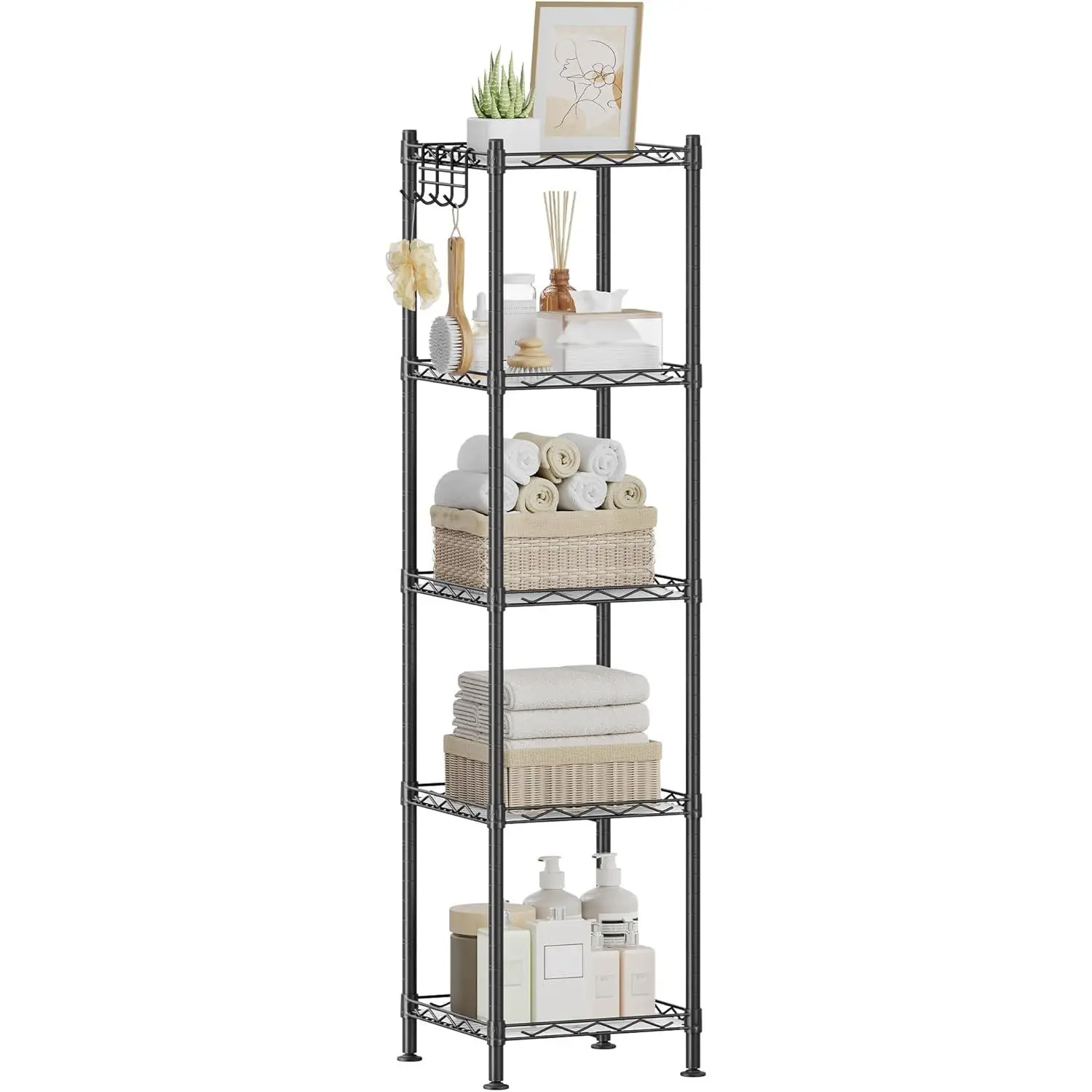 5-Tier Bathroom Shelf, Storage Rack for Small Space, with 5 PP Shelf Liners, Removable Hook, Extendable Design, Ink Black and Translucent