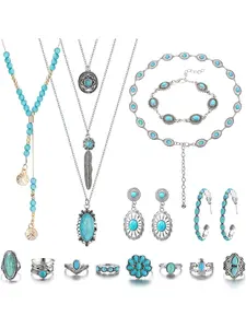 Bohemian Turquoise Jewelry for Women Men Western Set Adjustable Belt Rings and Necklace Vintage Drop Earrings Bracelet Boho Turquoise Jewelry for Women