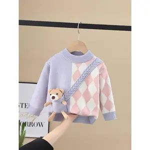 Adorable Girls' Bear Backpack Sweater, Round Neck with Bear Decoration and Checkered Pattern Pullover for Spring/Fall, Perfect Holiday Gift