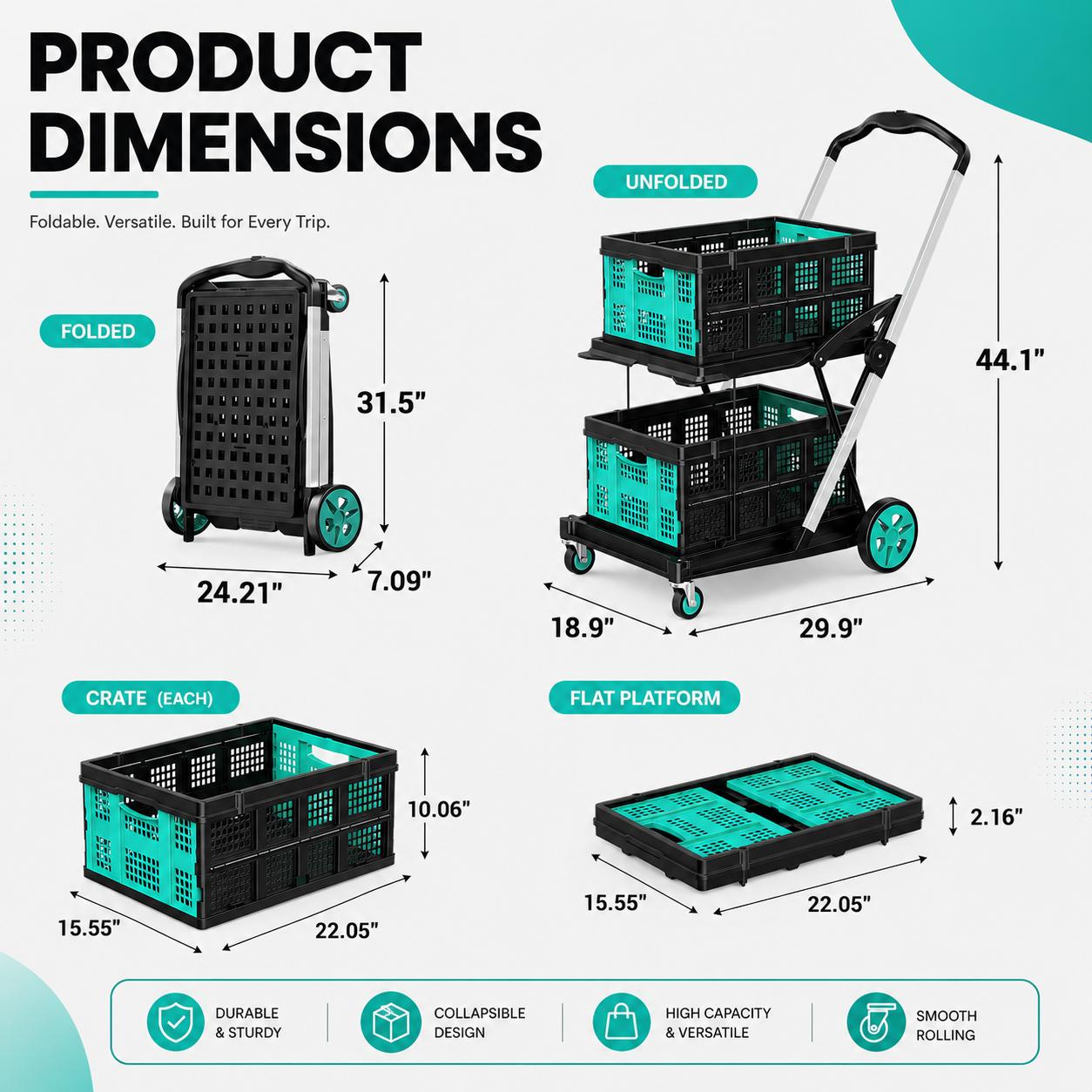 Premium Foldable Plastic Shopping Cart with Wheels, Elegant Lightweight Rolling Utility Basket for Groceries, Laundry, Travel, Camping and Home Storage, Space-Saving Portable Pull Cart