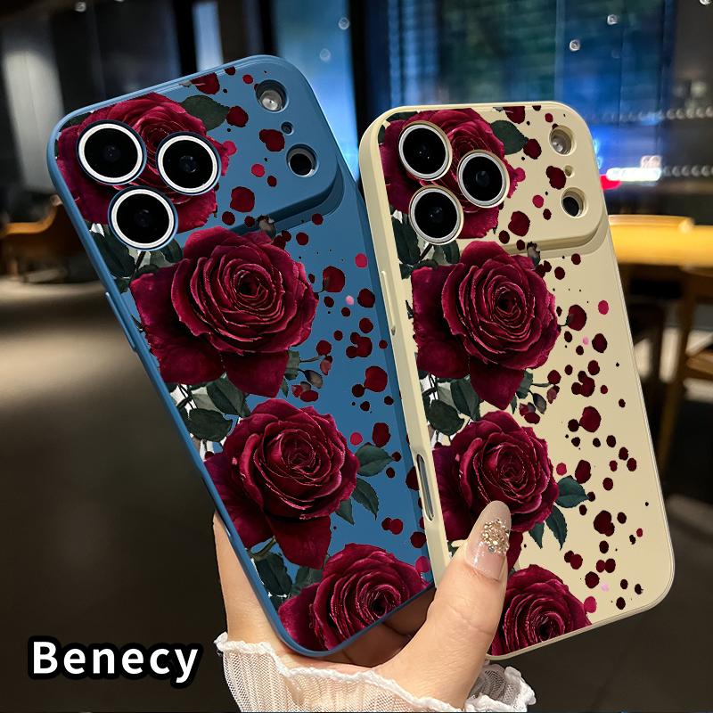 Straight Edge Phone Case for iPhone 17 15 16 14 Pro Max 13 12 11 XR XS Plus Air E Blooming Ruby Roses Pattern Drop Protection Shockproof Soft Liquid Silicone Smartphone Cover