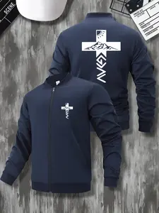 Men's Casual Stand Collar Ribbed Jacket Sweatshirt, Cross Letter Print Design, Spring & Fall Fashion Zipper Coat, Windproof Warm Gift Essential