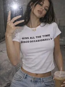 Kiss All The Time Disco Occasionally Baby Tee, Funny Slogan T-Shirt, Cool Girl Aesthetic Top, 2000s Crop Top, Crop Top Shirt Y2k, Full Size, Full Color