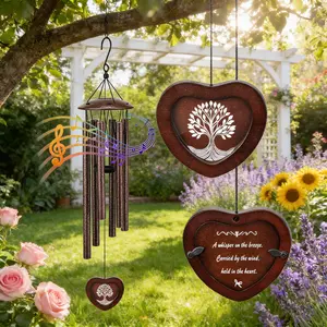32-inch Hangable Silent Wind Chime - Metal & Wooden Construction, Heart-Shaped Photo Tag for Loved Ones/Pets, Home Decor Souvenir Gift for Gardens, Patios