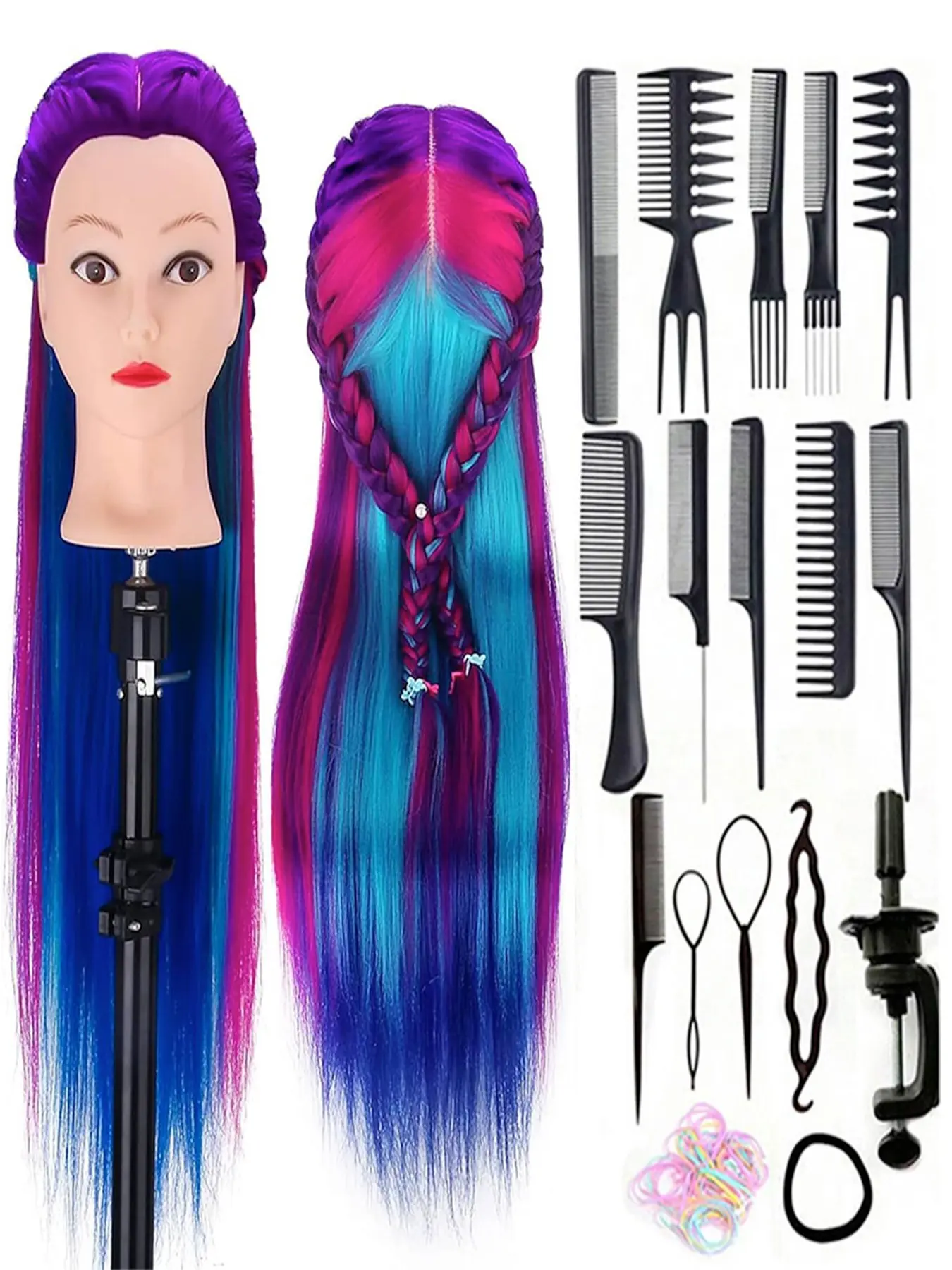 26-inch human head model with hair for hairstyle design training, head model practice, beauty doll head styling, hairdressing training, braiding headband, and braiding kit