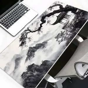 Ink Wash Ancient Style Mood Gaming Desk Mat, Desk Accessories, Ancient Style Desktop Decoration Protection Pad, Rubber Non-Slip Lock Edge Multi-Sized Pad, Suitable For Laptop Gaming Work Home, Ideal Gift For Family And Fri