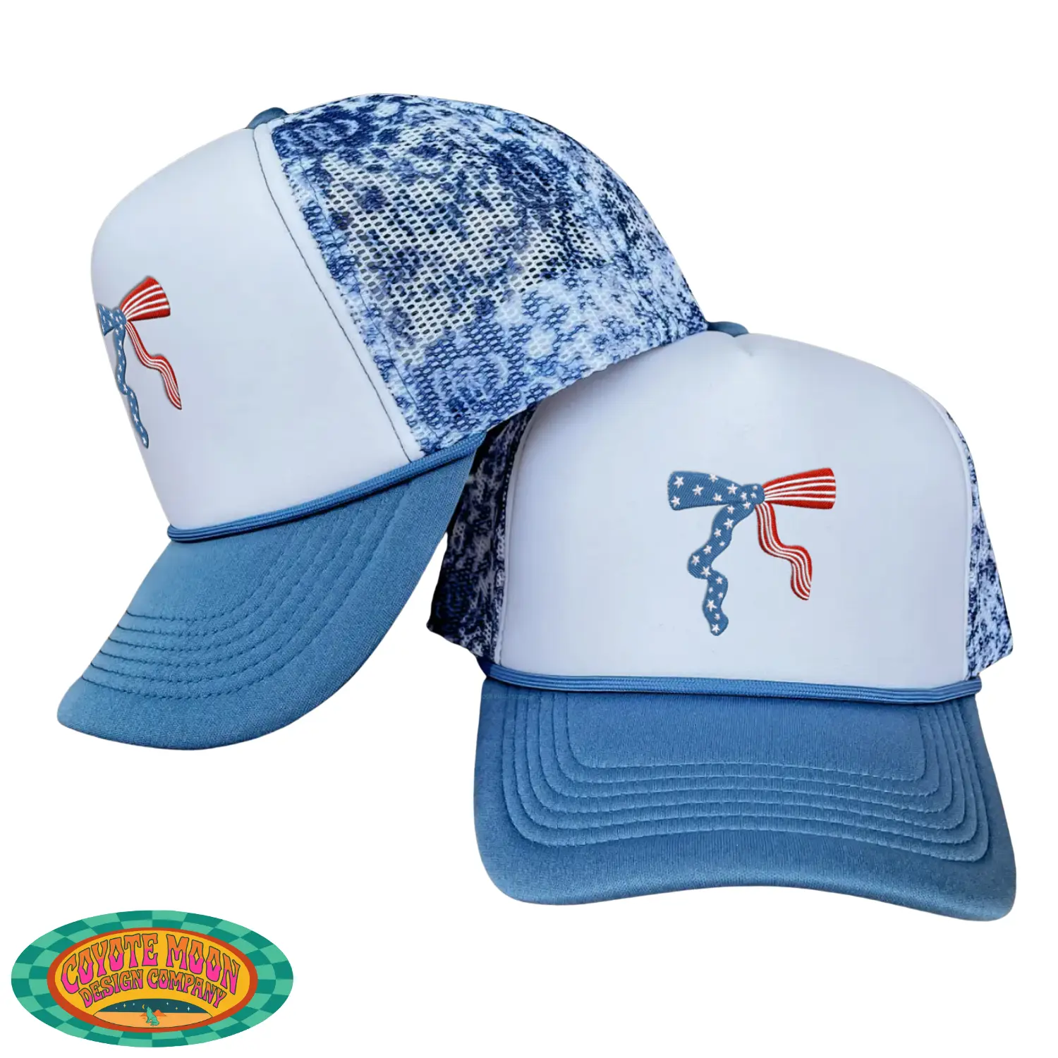 Patriotic Bow Ponytail Trucker Hat for Women, American Graphic Coquette Cap with Stars and Stripes Cotton Mesh and Magnetic Snap, Red White Blue, American Patriotic Graphic Hats, In-House