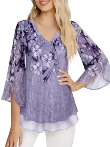 Women's Elegant Floral Mesh V-Neck Blouse, Loose-Fitting Three Quarter Sleeves Shirt, Tiered Layer Design Beachwear Top