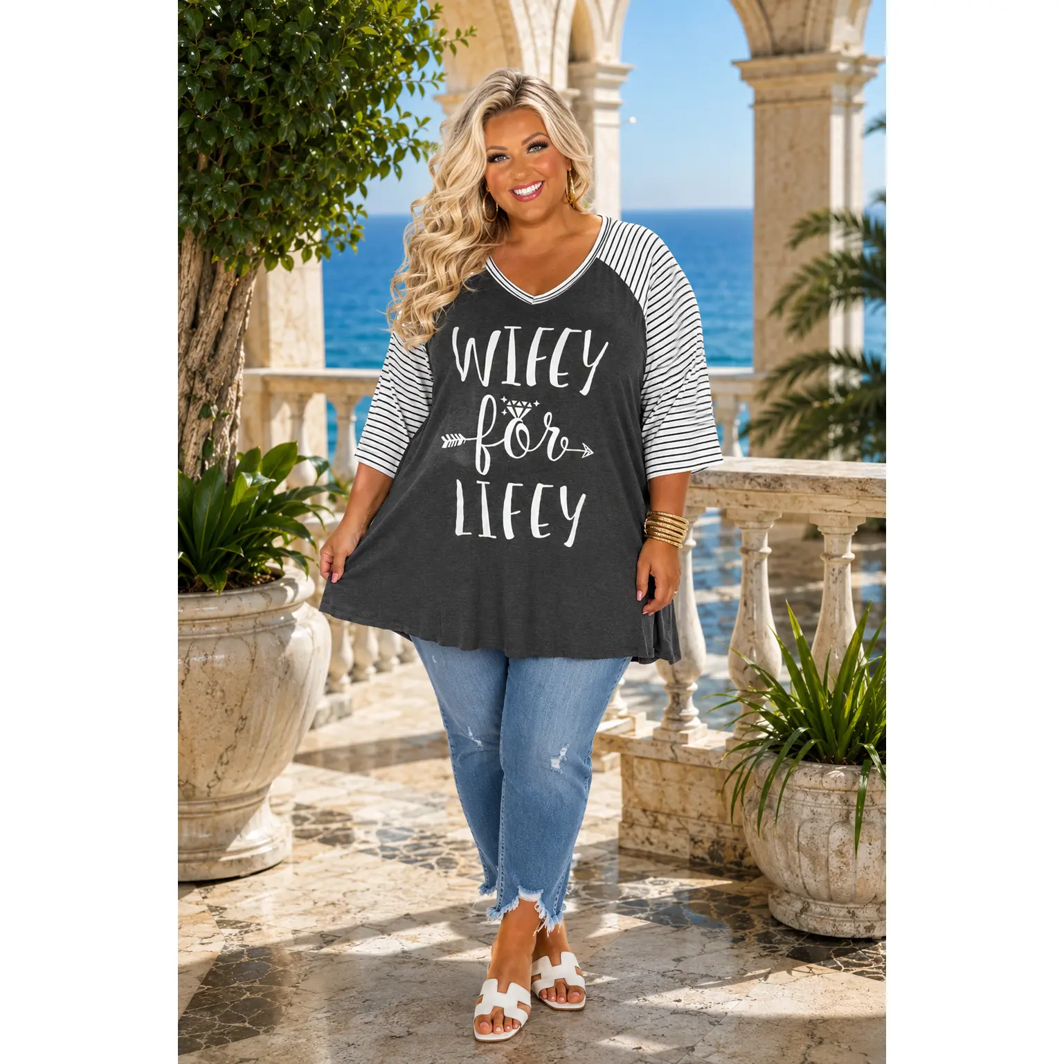 14 GT {Wifey For Lifey} Charcoal Striped Sleeve Graphic Tee CURVY BRAND!!!  EXTENDED PLUS SIZE XL 2X 3X 4X 5X 6X (May Size Down 1 Size)