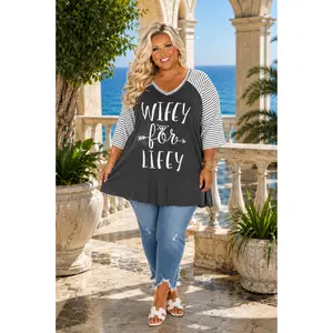 14 GT {Wifey For Lifey} Charcoal Striped Sleeve Graphic Tee CURVY BRAND!!!  EXTENDED PLUS SIZE XL 2X 3X 4X 5X 6X (May Size Down 1 Size)