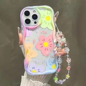 Floral Pattern Painted Wave Edge Detachable Bracelet Shockproof Thick Protective Phone Case, Compatible with iPhone 17/16/15/14/13 Series Accessories