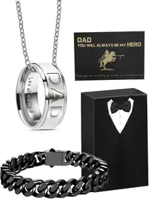Father's Day Gift Set, 4-Piece Fashion Men Jewelry Dad Ring Necklace with Luxury Box, Perfect Birthday Present for New Dads
