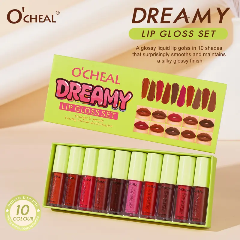 O'CHEAL Dreamy Liquid Lip Gloss Collection, Waterproof Transfer Proof Lip Color Set, Smooth Moisturizing Formula with Glossy Finish, 10 Popular Shades