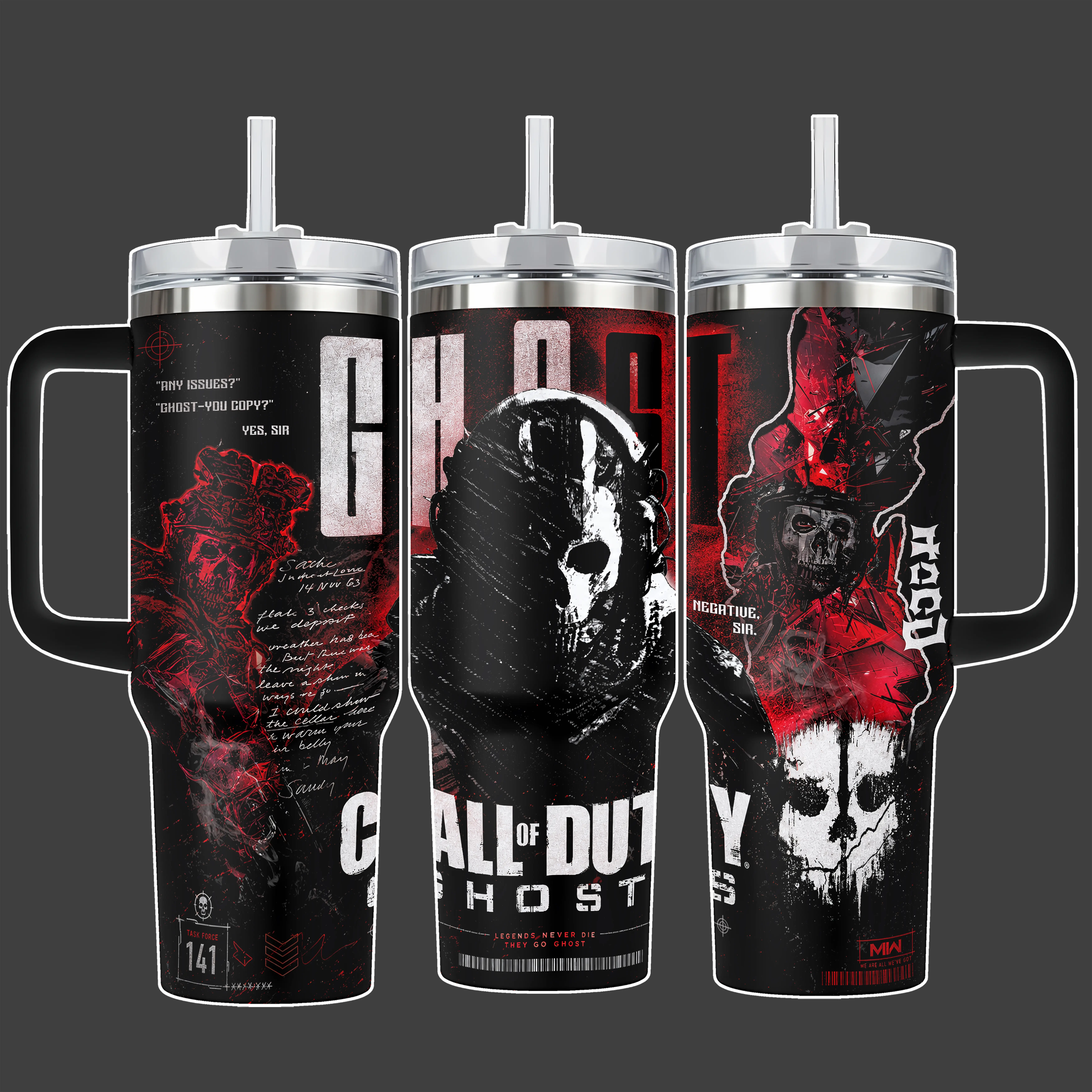 Call of Duty Ghost Skull Gaming Tumbler Cup, Red Black Full Wrap Stainless Steel Insulated 40oz With Straw Lid and Handle