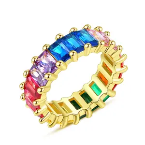 CzCity Rainbow Gemstone Eternity Band Ring R-2019111001 Zircon Stone Cubic Zirconia CZ Gold Plated Claw Setting for Women's Anniversary Engagement Gift Party Wedding