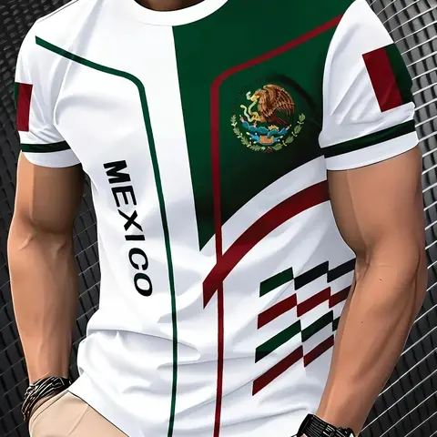 Men's Mexican Traditional Cultural Style 3D Printed T-Shirt, Graphic T Shirts, Eagle and Snake Pattern, Breathable Polyester, Lightweight Summer Round Neck Short Sleeve
