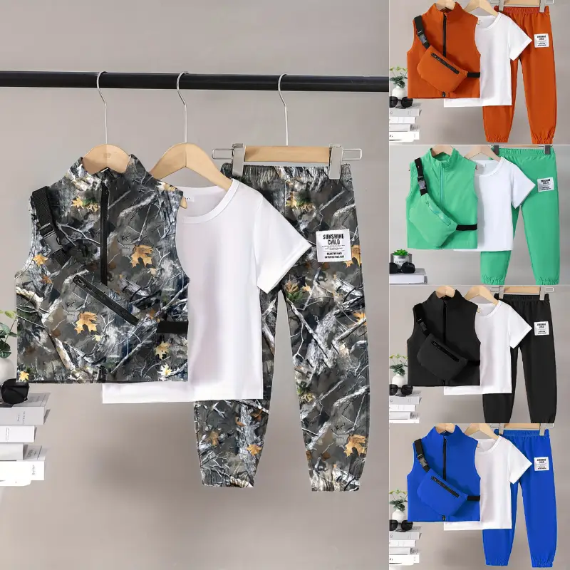 Ready Stock 4pcs Boys Casual Clothes Set - Breathable Short Sleeve T-shirt, Stylish Sleeveless Vest, Practical Cargo Pants, and Convenient Crossbody B