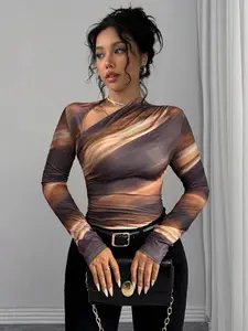 Women's Elegant Ombre Asymmetrical Neck Long Sleeve T-Shirt Top, Slim-Fitting Casual Wear for All Seasons, Stylish Fashion Tee, Casual Classy Top