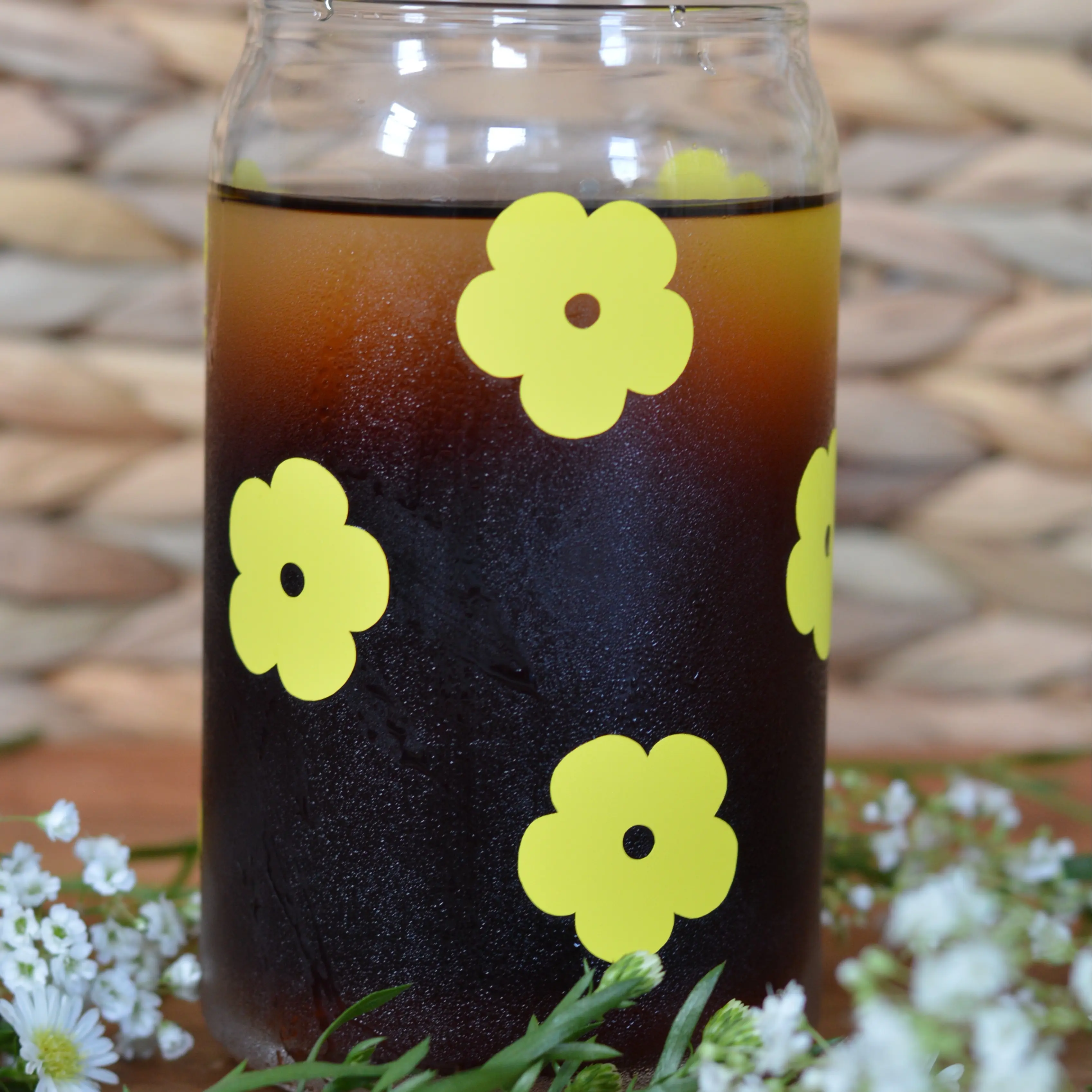 Yellow Flower Glass Cup 16 oz