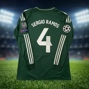 Sergio Ramos #4 Throwback Soccer Jersey Long Sleeve, Dark Green Away Football Shirt, Lightweight Breathable Performance Top, Classic Matchday Menswear Adult Fit