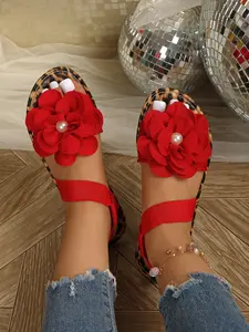 New Floral Women's Sandals, Flower, Elastic Strap Fit, Non-Slip Rubber Sole, Casual Textile Shoes, All Seasons Footwear