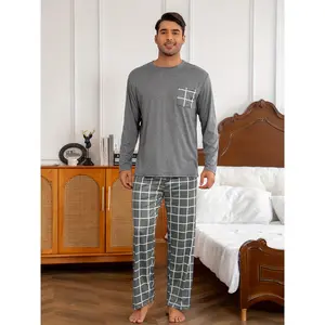 Men'S Casual Gray Plaid Pajama Set with Long Sleeve Pullover and Checked Pants - Polyester, All-Season Comfort, Home Relaxation Attire, Bedroom Essentials | Checked Pattern Pajamas | Polyester Pajamas