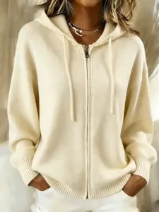 Women's Solid Color Loose Long Sleeve Hooded Zipper Cardigan, Spring Casual Lantern Sleeve Knitwear, Vintage Winter Fashion Top