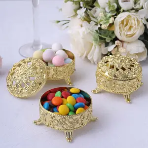 12-Pack Plastic Fillable Mini Candy Container in Vintage Ornate Round Box Style 2.5" Metallic Gold - Candy Treat Favor Boxes