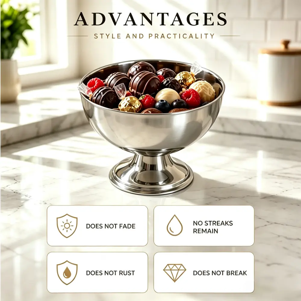 Silver Stainless Steel Pedestal Dessert Bowl - Stackable, Rustproof Metal Serving Cup for Ice Cream, Fruit, Snack, Reusable Tableware for Party, Camping (Fork Not Included, Footed)