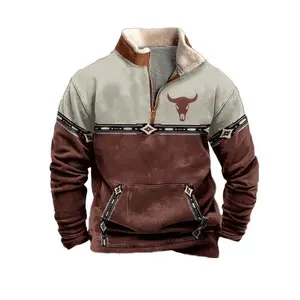 Men's Western Fleece Jacket Cowboy Bull Head Print 1/4 Zip Stand Collar Long Sleeve Vintage Sweatshirts Winter Harajuku Printed