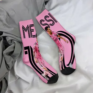 Mid-calf socks, Messi pink jersey pattern, celebrity merchandise, durable socks, unisex socks, a fan favorite, holiday gift, birthday gift.