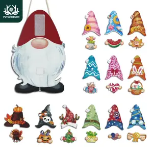 Gnome Shaped Wooden Hanging Plaque, 1 Pack Including 1 Plaque and 12 Sets Changeable Velcro Icons, Rustic Wooden Decoration for Home Porch Office Cafe, Wall Hanging Ornament