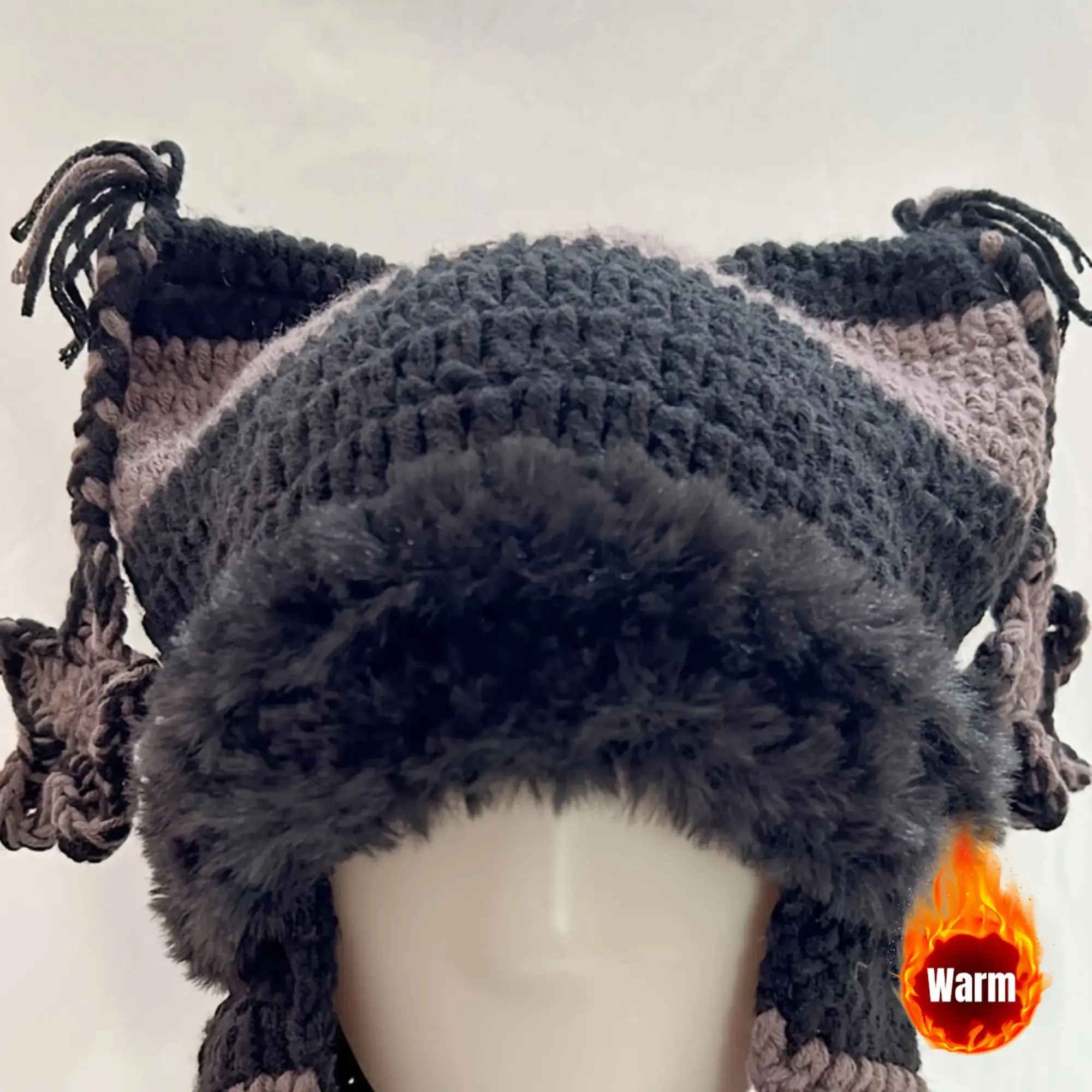 Casual Knitted Beanie with Ear Flaps and Tassel Trim, Unisex Faux Fur Lined Warm Winter Hat for Cold Weather, Clothes