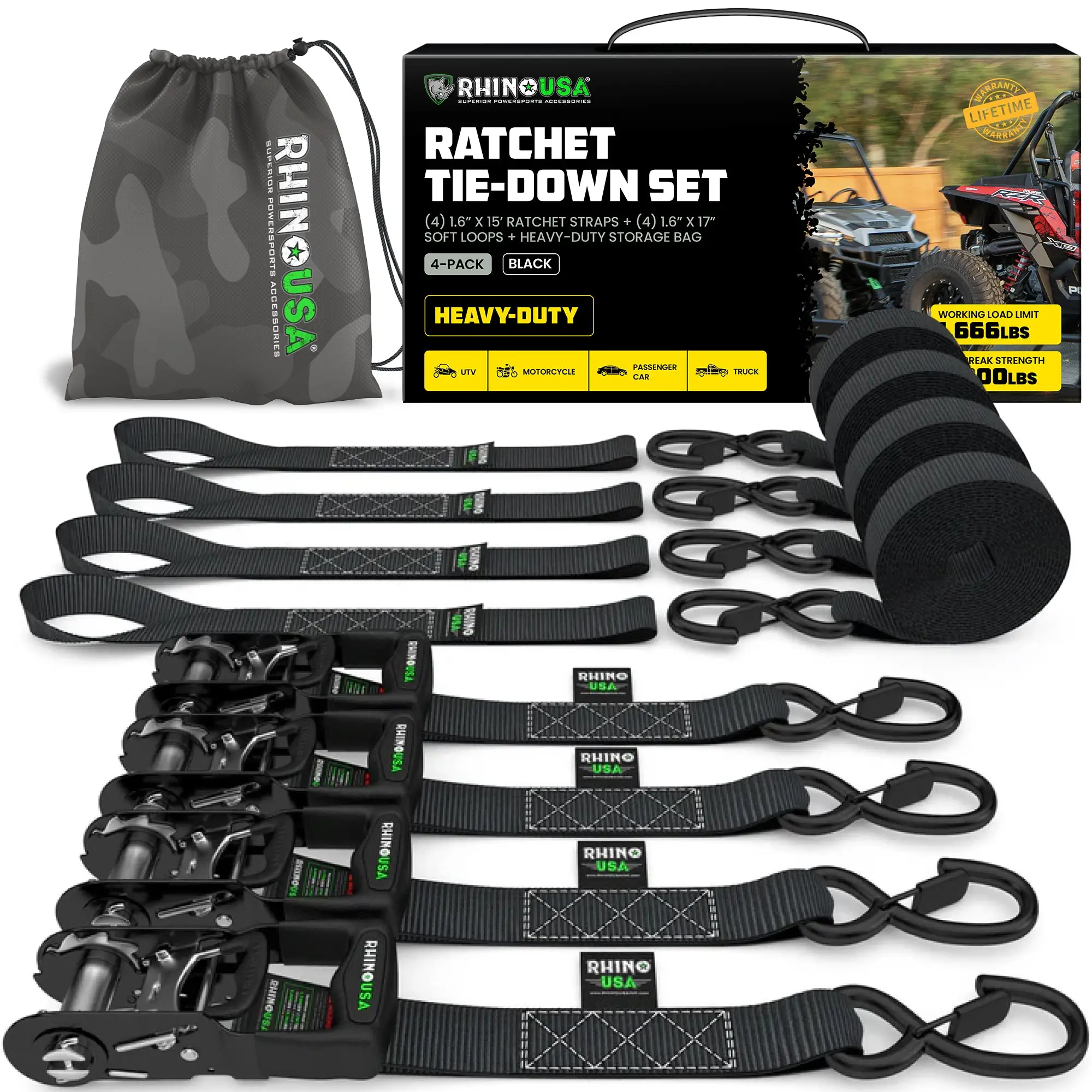 Rhino USA TRADITIONAL Ratchet Straps Heavy Duty Kit - 1.6 Inch x 8ft -15ft (5,208lb Break Strength) 2-4 pack