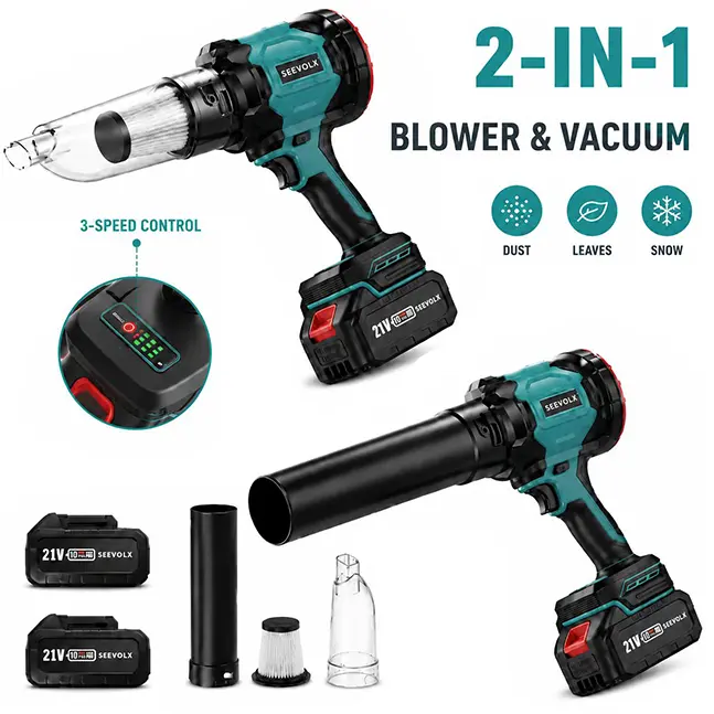 SEEVOLX 2-in-1 Cordless Leaf Blower And Vacuum With 3-Speed Modes,   Portable Cordless Blower, For Yard Lawn Patio Car Cleaning, Lightweight Handheld With Charger Included Home Portablemoval & Garden Use