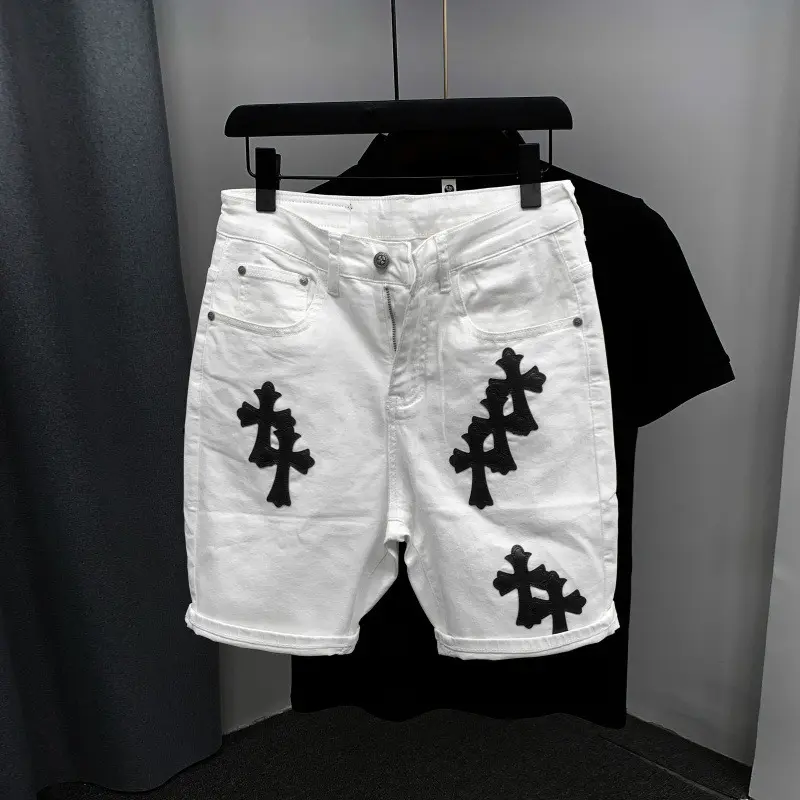 2025 Unisex White Denim Shorts – Cotton Elastic Fit with Embroidery | Streetwear Summer Look for Men & Women | TikTok Fashion Trend