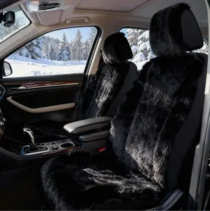 Front Bucket Genuine Fluffy Sheepskin Car Seat Cover Lambskin Winter Car seat Cushion Lambs Wool Sheep Skin Fuzzy Seat Cover Shearling Car Accessories for SUVs, Saloons and Trucks (Black-2Pack)